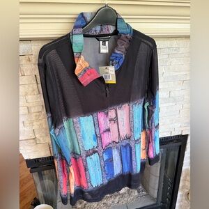John Mark Kaleidoscope Zip Front Jacket Top Sheer and Lightweight NWT S Black